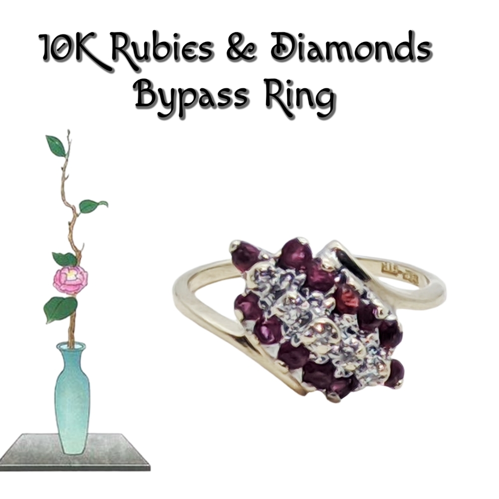 Samuel Aaron 10K Solid Yellow Gold Rubies & Diamonds Bypass Ring Size 5.5
